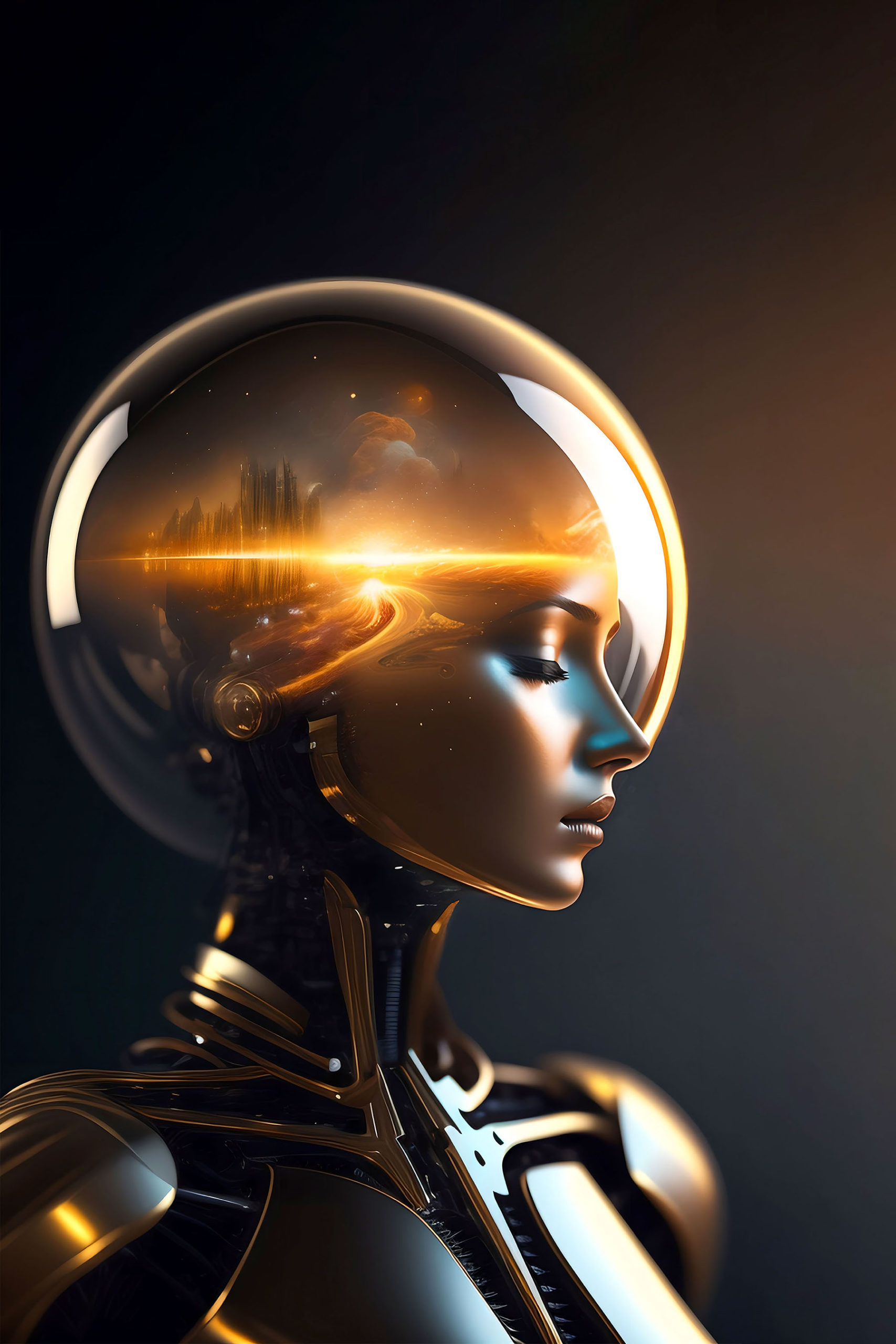 Portrait of a futuristic android with golden metallic skin against a dark background. The android has a human-like female face with a robot body. Her head is a glass sphere the contains a futuristic city in space with stars and clouds in the backdrop of the city.