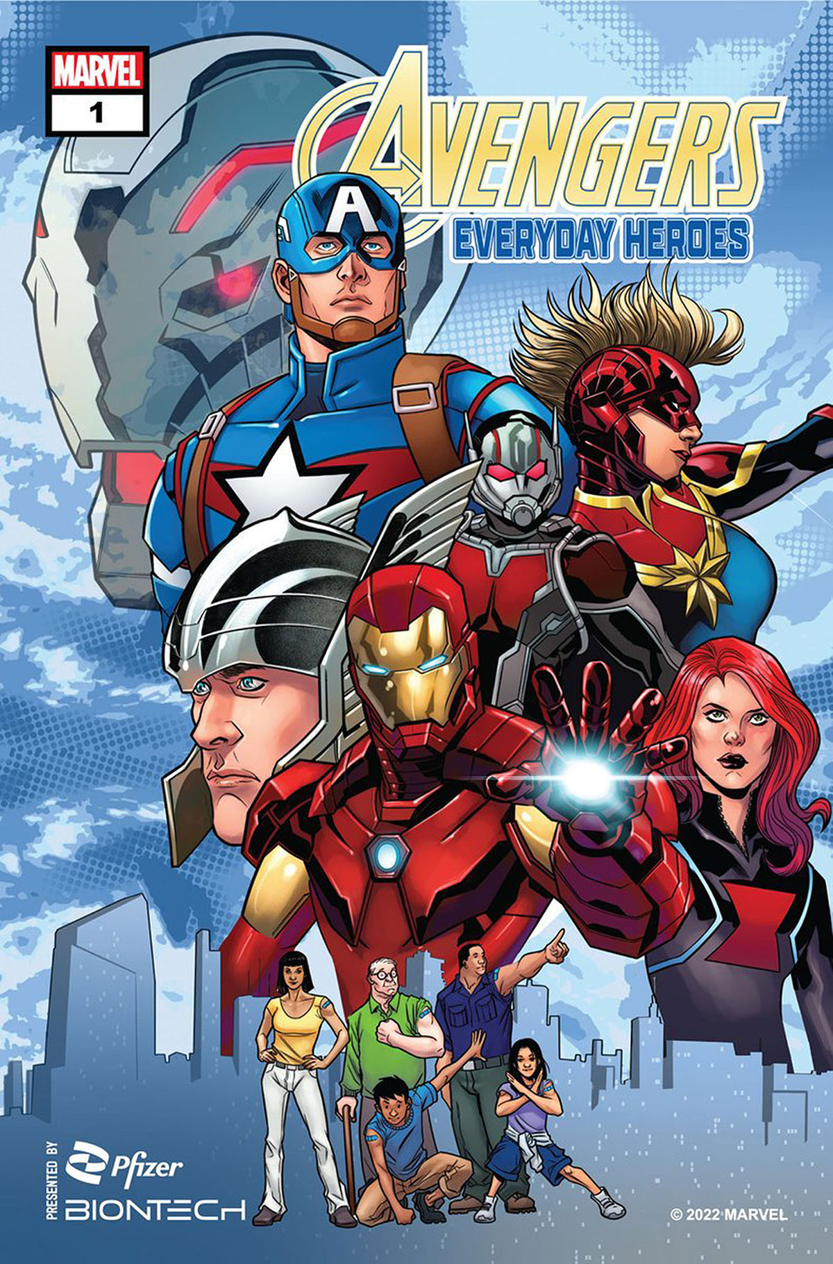 A comic book cover for Avengers Everyday Heroes with Captain America, Captain Marvel, Ant-Man, Thor, Iron Man, and Black Widow shown in front of a head of Ultron with a family of five shown below them with Band-Aids on their arms from where they got their vaccines.