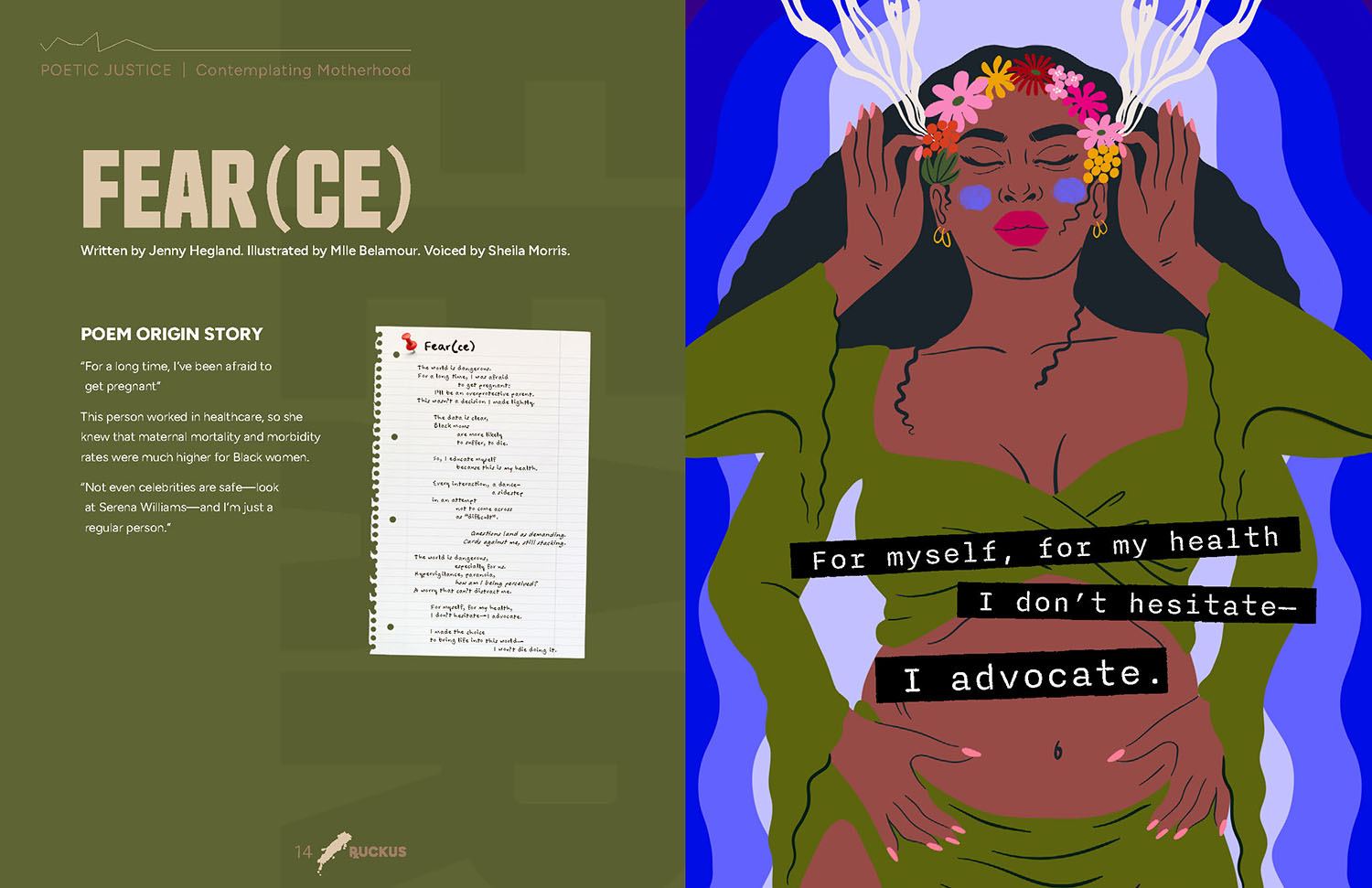 A spread from the digital zine RxUCKUS showing one a poem on the left-side displayed on a drawing of a piece of paper torn out of a notebook, and then an illustration of a Black pregnant women with four arms. Two arms are touching her pregnant belly as the other two are touching her temples as if mediating. 
