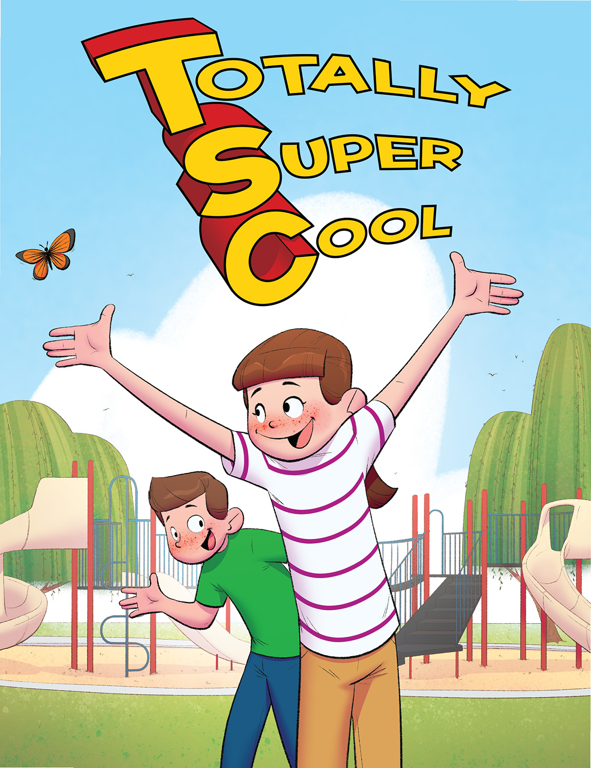 A book cover with Totally Super Cool written in large print and the T, S, and C at the beginning of each word accentuated. Below the title are cartoon images of two children in front of a playground. Each child has little red bumps drawn across their face to represent their facial angiofibroma.