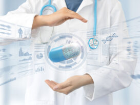 a pill floating between the hands of a doctor with various safety reports and graphs surrounding the pill