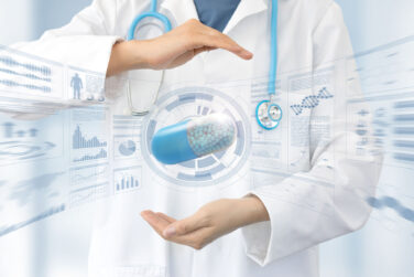 a pill floating between the hands of a doctor with various safety reports and graphs surrounding the pill