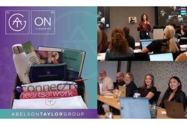 Collage of photos from AbelsonTaylor Group’s Onboarding Program including a welcome package featuring an AbelsonTaylor water bottle, T-shirt, journal, and other items and photos of employees at a welcome event for new hires