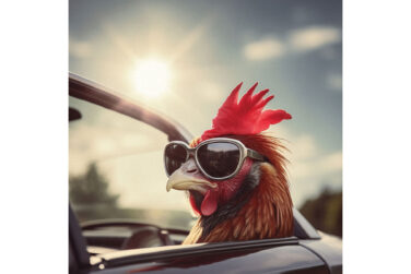 AI generated image of a rooster wearing sunglasses in a convertible created by CrowdPharma