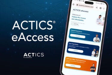 A screenshot of the ACTICs eAccess platform on a smartphone showing three options: patient experience, Hub experience, HCP and Office Staff Experience