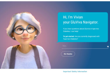 A computer generated image of an old women with white hair and glasses with a text bubble that says "Hi, I'm Vivian your GluViva Navigator. If you have questions about Gluviva or type two diabetes, I can help!"