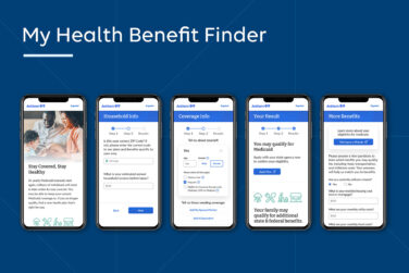 Screenshots on five smartphones showings various pages from My Health Benefit Finder, including Household Info, Coverage Info, Your Result, and More Benefits