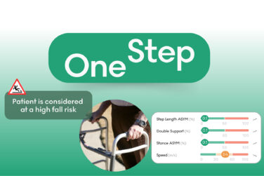 The OneStep logo along with an image of an elderly man using a walker and chart showing the various metrics OneStep tracks like step length ASYM, Double Support, Stance ASYM, and Speed