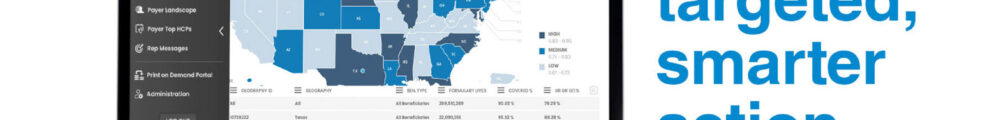 A screenshot of Access Genius Insights on a laptop showing the map of the United States in various shades of blue from dark to light, with darker shades indicting a higher number of patients covered on formulary