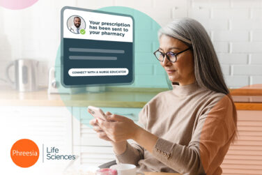 A person viewing an alert on their phone from Phreesia Life Sciences saying their prescription has been sent the pharmacy