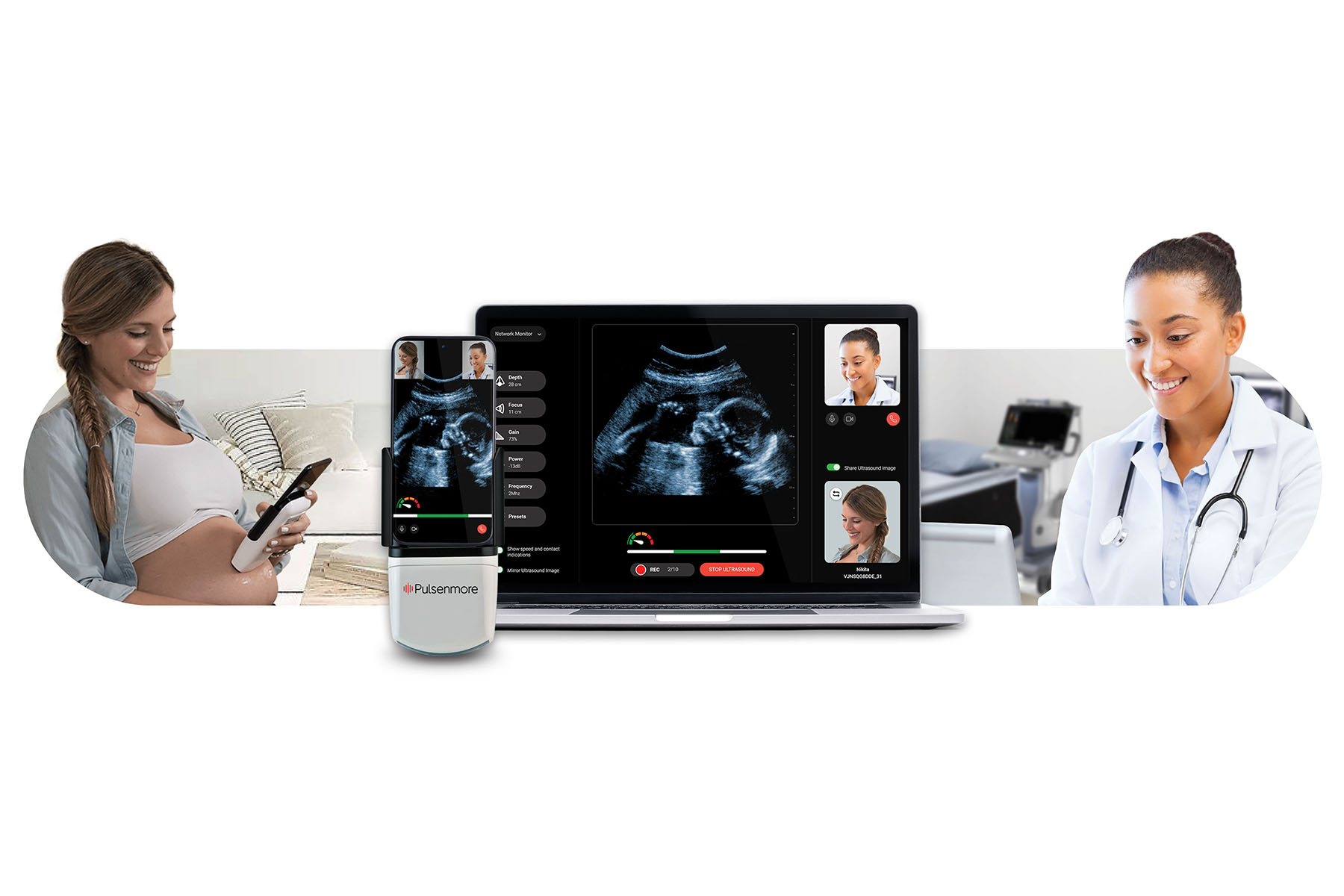 A pregnant woman using the Pulsenmore ES Remote Ultrasound on her stomach, while a doctor is watching the scan remotely from her office.